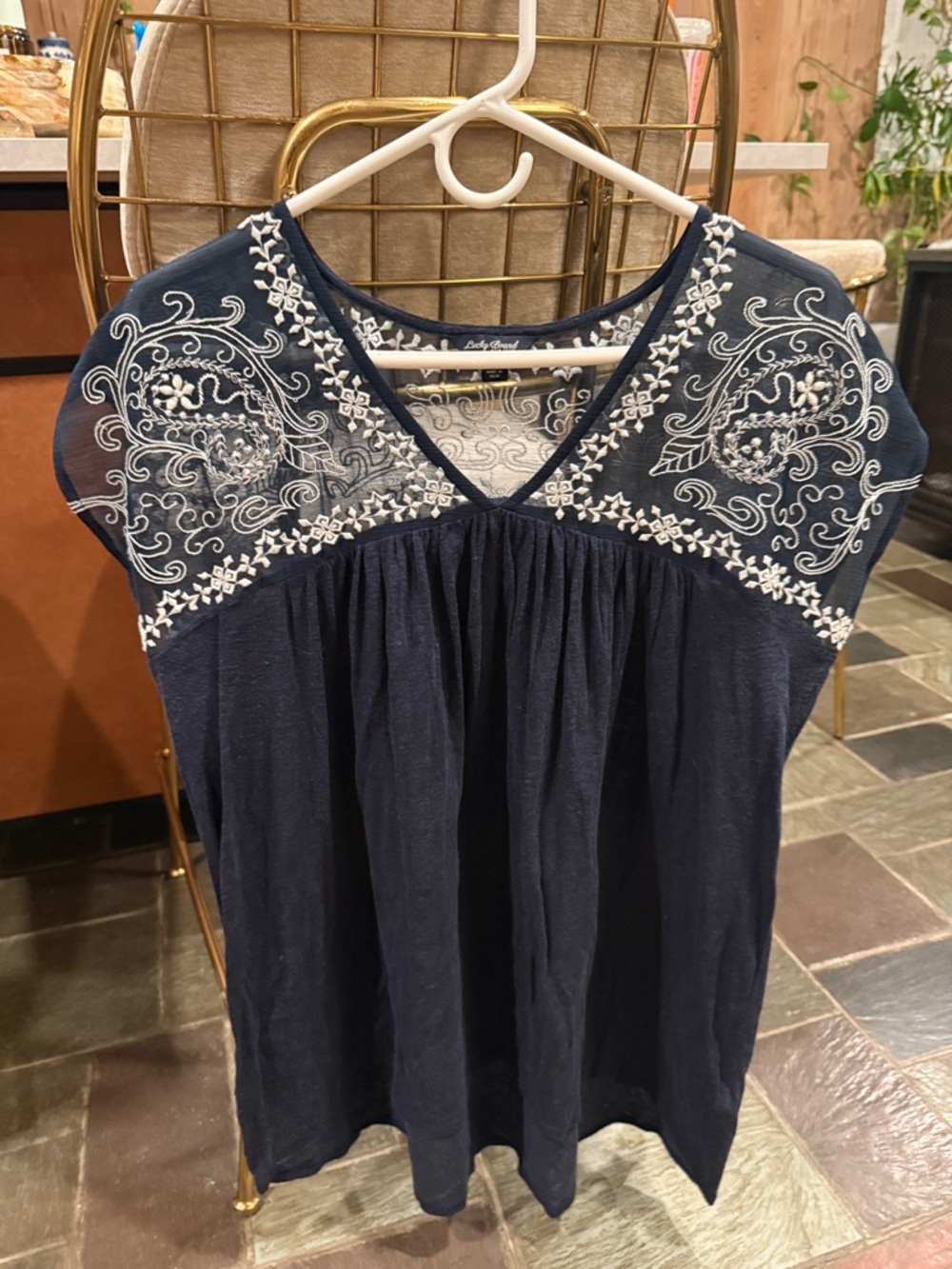 Lucky Brand Navy Blue Embroidered V-Neck Blouse